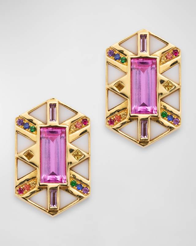 18K Mixed Stone Hexagonal Stud Earrings